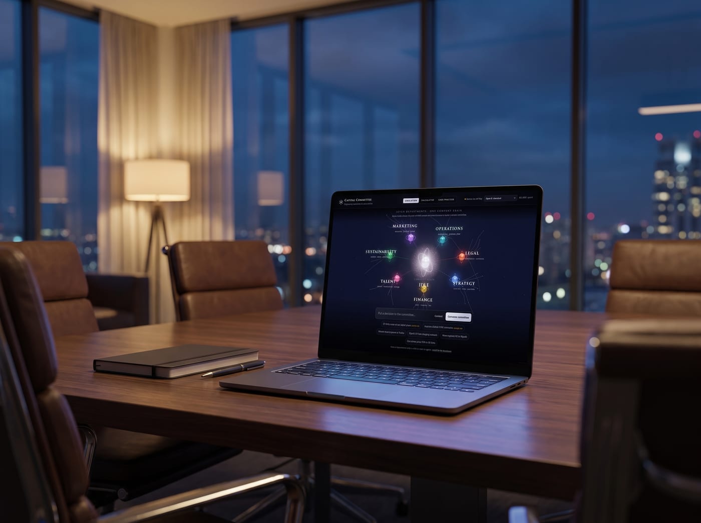 Concept photo: a laptop running Capital Committee on a boardroom table at night, city lights behind