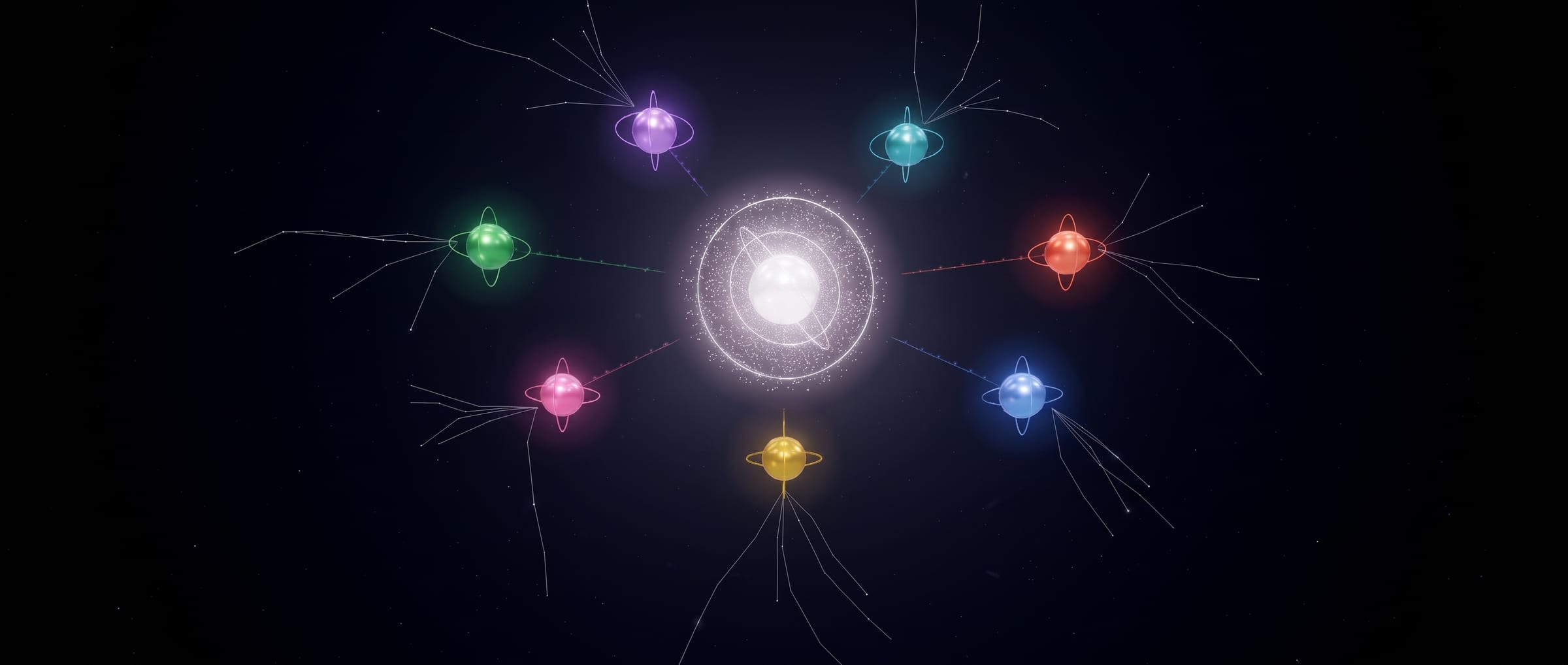 Concept render of the committee: seven metallic department orbs, each with orbital rings, around a glowing particle Company Brain