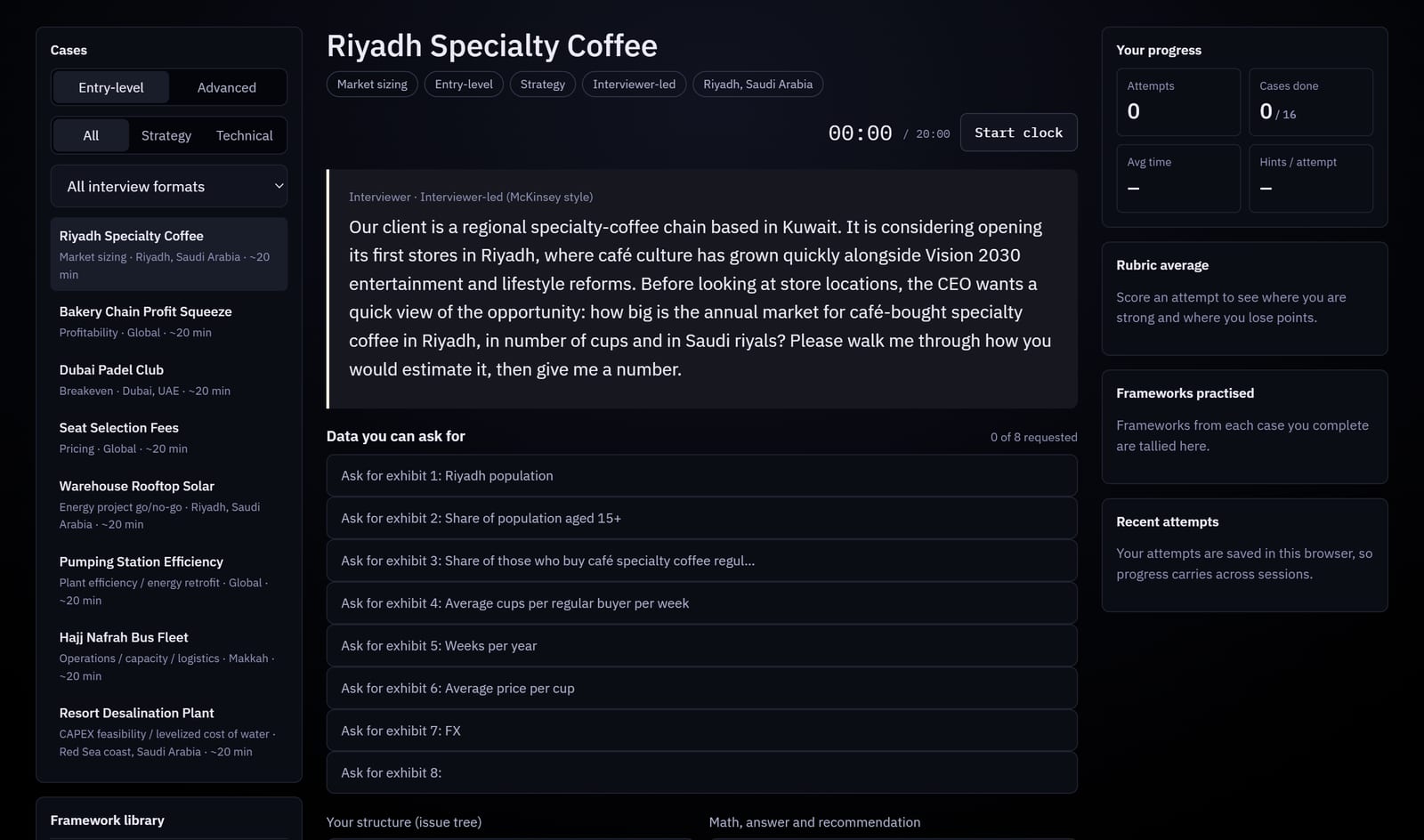 Screenshot of case practice: the Riyadh specialty coffee market-sizing case with requestable exhibits and a progress panel